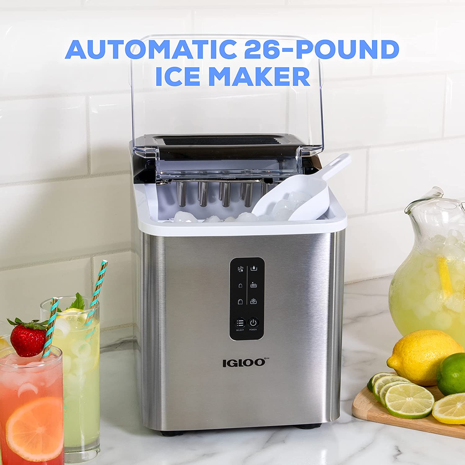 Igloo Automatic Ice Maker, Self- Cleaning, Countertop Size, 26 Pounds in 24  Hours, 9 Large or Small Ice Cubes in 7 Minutes, LED Control Panel, Scoop  Included 
