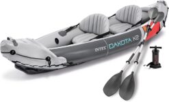 Intex 68310VM Dakota K2 2-Person Heavy-Duty Vinyl Inflatable Kayak with 86-Inch Oars and Air Pump, Gray & Red