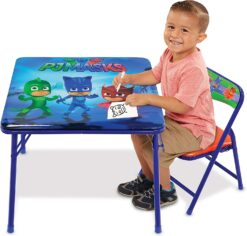 Jakks Pacific PJ Masks Junior Table & Chair Set – Folding Childrens Table & Chair Set – Includes 1 Kid Chair with Non-Skid Rubber Feet & Padded Seat – Sturdy Metal