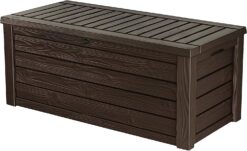 KETER Westwood 150 Gallon Resin Large Deck Box – Organization and Storage for Patio Furniture, Outdoor Cushions, Garden Tools and Pool Toys, Brown
