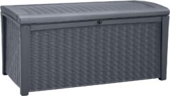 Keter Borneo 110 Gallon Resin Deck Box - Organization and Storage for Patio Furniture, Outdoor Cushions, Throw Pillows, Garden Tools and Pool Toys, Grey