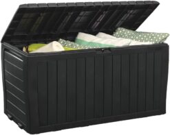 Keter Marvel Plus 71 Gallon Resin Deck Box-Organization and Storage for Patio Furniture Outdoor Cushions, Throw Pillows, Garden Tools and Pool Toys, Graphite
