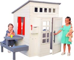 KidKraft Modern Outdoor Wooden Playhouse with Picnic Table, Mailbox and Outdoor Grill, White, Gift for Ages 3-10