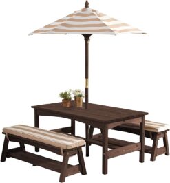 KidKraft Outdoor Wooden Table & Bench Set with Cushions and Umbrella, Kids Backyard Furniture, Espresso with Oatmeal and White Stripe Fabric, Gift for Ages 3-8, 42.25