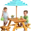 KidKraft Outdoor Wooden Table & Bench Set with Striped Umbrella, Children's Backyard Furniture, Turquoise and White, Gift for Ages 3-8