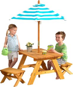 KidKraft Outdoor Wooden Table & Bench Set with Striped Umbrella, Children's Backyard Furniture, Turquoise and White, Gift for Ages 3-8
