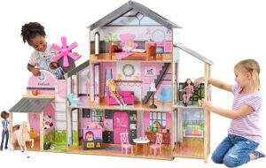 KidKraft Windmill Elevator 2-in-1 Wooden Barn & Dollhouse with Horse and Lights & Sounds, Over 3 Feet Tall, Pink