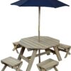 KidKraft Wooden Octagon Table, Stools & Umbrella Set, Kids’ Outdoor Furniture, Barnwood Gray & Navy