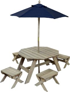 KidKraft Wooden Octagon Table, Stools & Umbrella Set, Kids’ Outdoor Furniture, Barnwood Gray & Navy