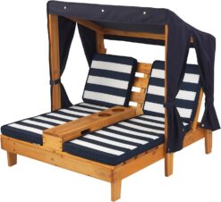 KidKraft Wooden Outdoor Double Chaise Lounge with Cup Holders, Kid's Patio Furniture, Honey with Navy and White Striped Fabric, Gift for Ages 3-8