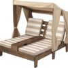 KidKraft Wooden Outdoor Double Chaise Lounge with Cup Holders, Patio Furniture for Kids or Pets, Espresso with Oatmeal and White Striped Fabric