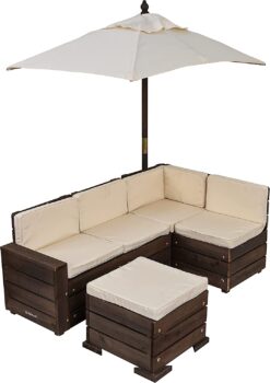 KidKraft Wooden Outdoor Sectional Ottoman & Umbrella Set with Cushions, Patio Furniture for Kids or Pets, Bear Brown & Beige