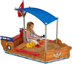 KidKraft Wooden Pirate Sandbox with Canopy, Covered Children's Sandbox, Outdoor Furniture, Gift for Ages 3-8, 75.7 x 43.8 x 58.7, Natural