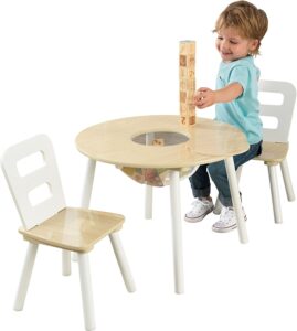 KidKraft Wooden Round Table & 2 Chair Set with Center Mesh Storage - Natural & White, Gift for Ages 3-6 23.5 x 23.5 x 17.3