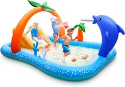Kiddie Pool,Evajoy Inflatable Play Center Kiddie Pool with Slide, Wading Lounge Kids Pool, Coconut Palm Sprinkler, Ball Toss Game for Toddler, Kid Children, Garden Backyard Water Park, 95''x75''x40''
