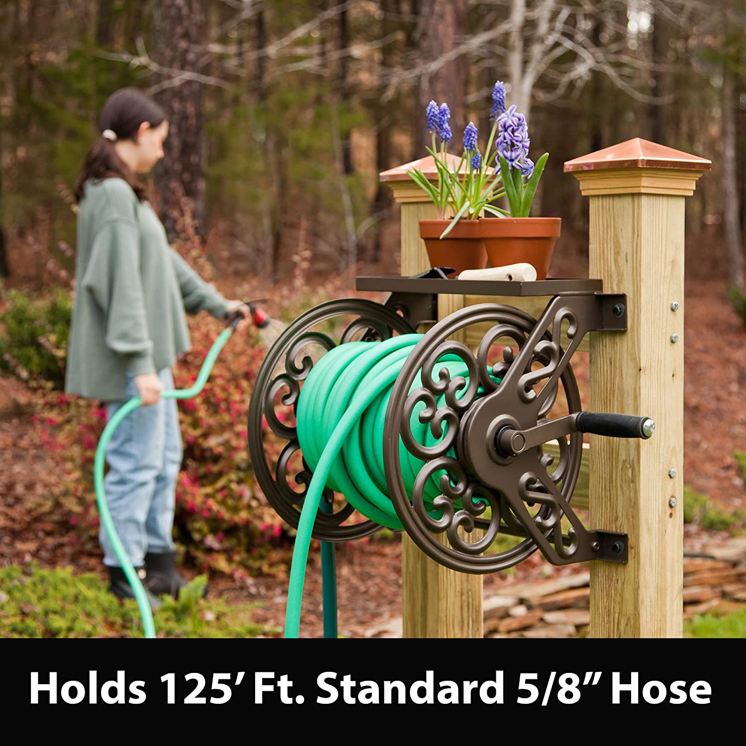 Liberty Garden Products 708 Steel Decorative Wall Mount Garden Hose Reel,  Holds 125-Feet of 5/8-Inch Hose - Bronze