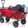 MACSPORTS Collapsible Outdoor Utility Wagon with Folding Table and Drink Holder, Bright Red