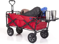 MACSPORTS Collapsible Outdoor Utility Wagon with Folding Table and Drink Holder, Bright Red