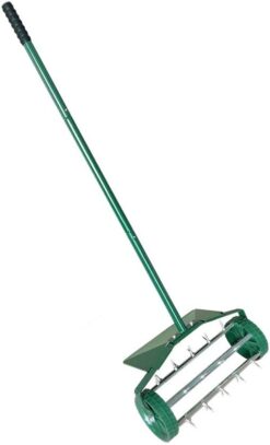 MTB Heavy Duty 18 Inch Aerator Roller Rolling Lawn Garden Spike with Fender Lawn Aerator Home Grass Steel Handle Green Quick and Easy to Assemble