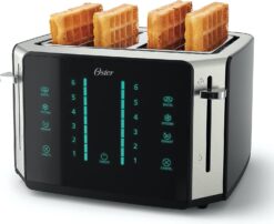 Oster 4-Slice Toaster, Touch Screen with 6 Shade Settings and Digital Timer, Black/Stainless Steel