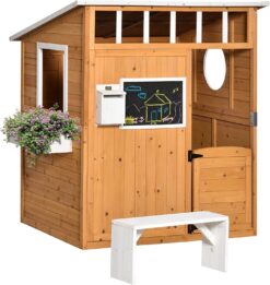 Outsunny Wooden Playhouse for Kids Outdoor, Garden Games Cottage, with Working Door, Windows, Mailbox, Bench, Flowers Pot Holder, 48