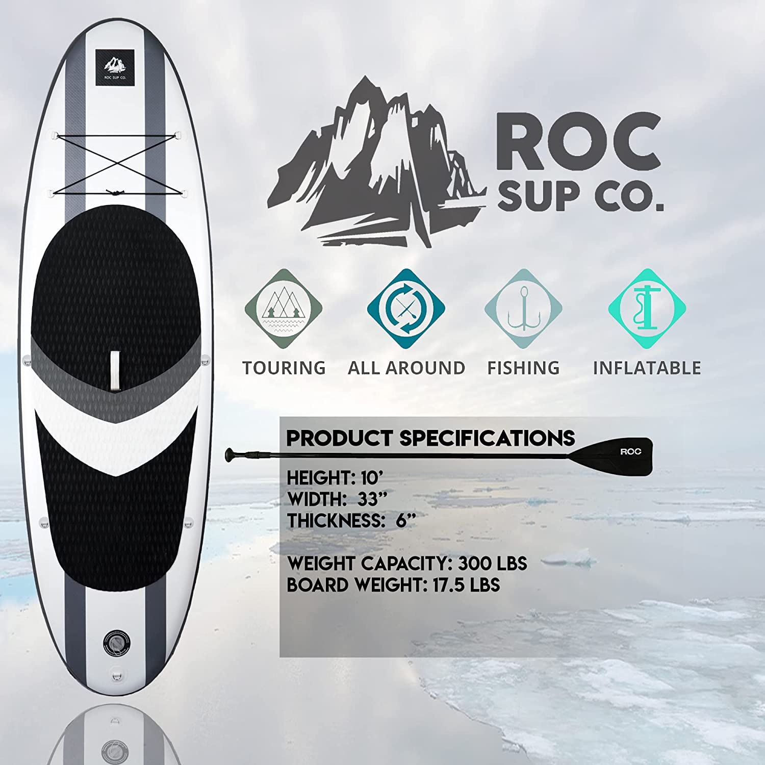 Roc Inflatable Stand Up Paddle Boards with Premium SUP Paddle Board  Accessories, Wide Stable Design, Non-Slip Comfort Deck for Youth & Adults…  (Charcoal)