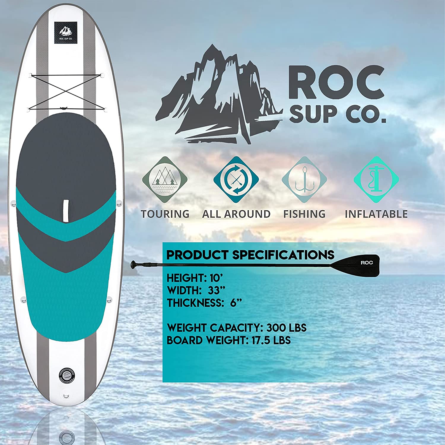 Roc Inflatable Stand Up Paddle Boards with Premium SUP Paddle Board  Accessories, Wide Stable Design, Non-Slip Comfort Deck for Youth & Adults…  (Ocean)