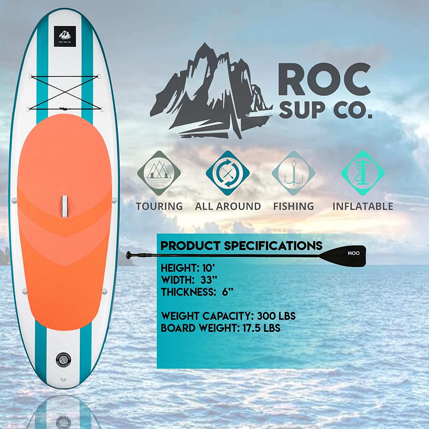 Roc Inflatable Stand Up Paddle Boards with Premium SUP Paddle Board  Accessories, Wide Stable Design, Non-Slip Comfort Deck for Youth & Adults…  ( Aqua)