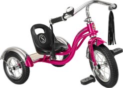 Schwinn Roadster Bike for Toddlers, Kids Classic Tricycle, Boys and Girls Ages 2 - 4 Years Old, Steel Trike Frame, Rear Deck Made of Genuine Wood, & Fabric Tassels, Bright Pink