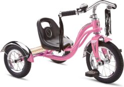 Schwinn Roadster Bike for Toddlers, Kids Classic Tricycle, Boys and Girls Ages 2 - 4 Years Old, Steel Trike Frame, Rear Deck Made of Genuine Wood, & Fabric Tassels, Light Pink