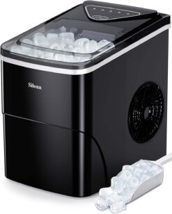 Silonn Ice Makers Countertop, 9 Cubes Ready in 6 Mins, 26lbs in 24Hrs, Self-Cleaning Ice Machine with Ice Scoop and Basket, 2 Sizes of Bullet Ice for Home Kitchen Office Bar Party (Black)