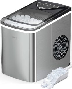 Silonn Ice Makers Countertop, 9 Cubes Ready in 6 Mins, 26lbs in 24Hrs, Self-Cleaning Ice Machine with Ice Scoop and Basket, 2 Sizes of Bullet Ice for Home Kitchen Office Bar Party (Stainless Steel)