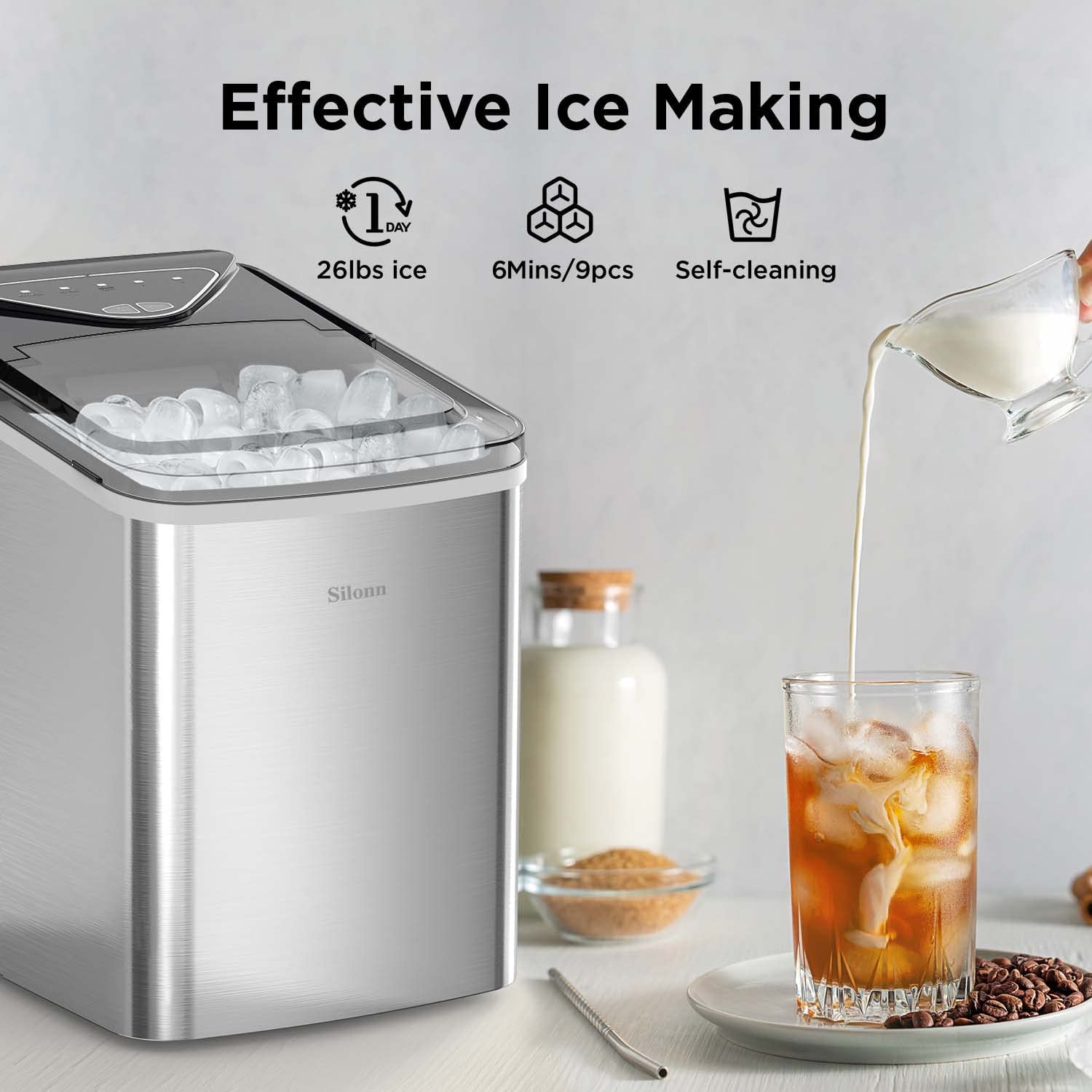 Silonn Ice Makers Countertop 9 Bullet Ice Cubes Ready in 6 Minutes, 26lbs  in 24Hrs Portable Ice Maker Machine Self-Cleaning, 2 Sizes of Bullet-Shaped