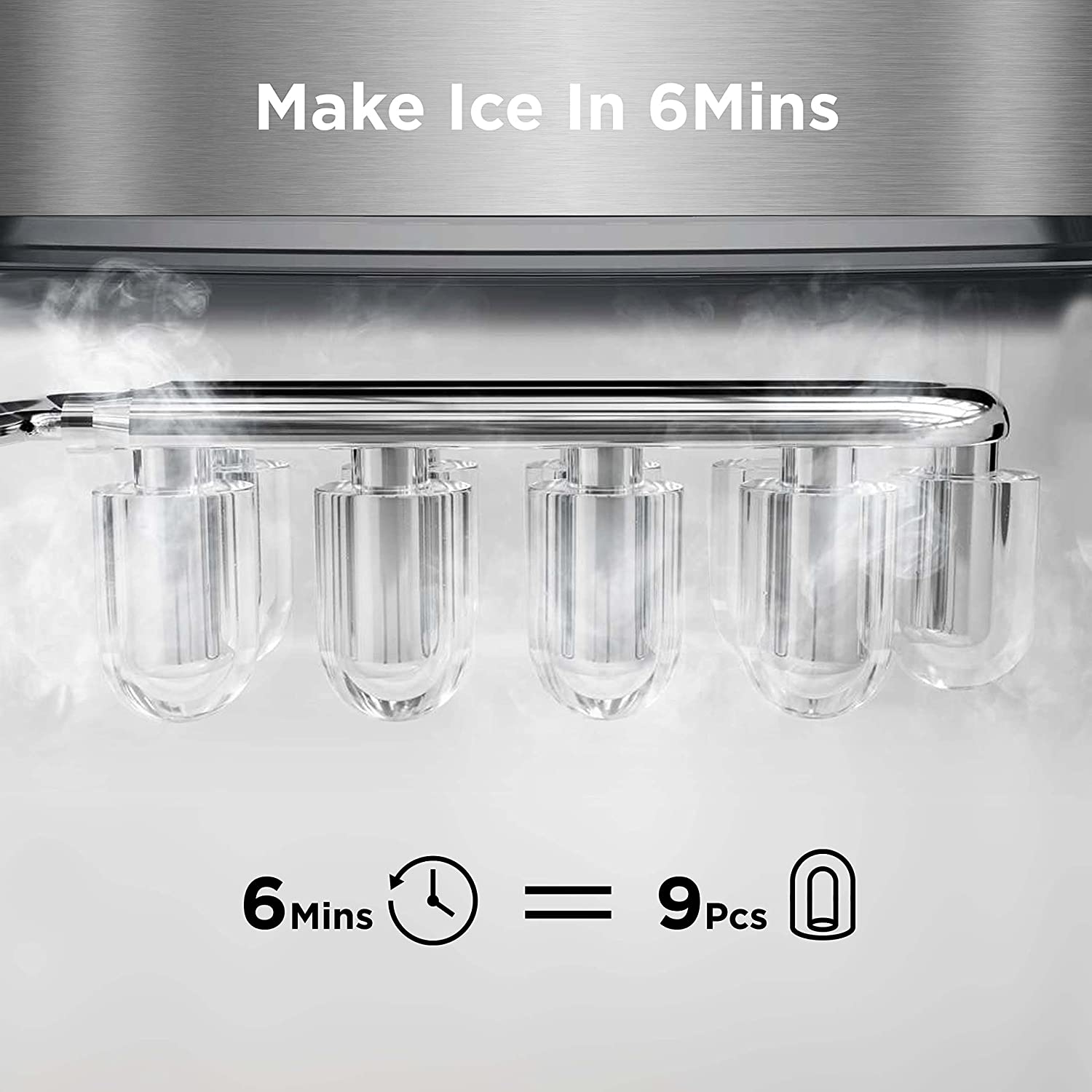 Silonn Ice Makers Countertop, 9 Cubes Ready in 6 Mins, 26lbs in 24Hrs, Self-Cleaning  Ice Machine with Ice Scoop and Basket (Stainless Steel)