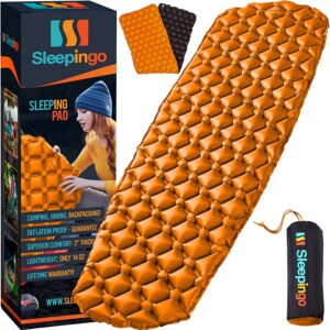 Sleepingo Sleeping Pad for Camping - Ultralight Sleeping Mat for Camping, Backpacking, Hiking - Lightweight, Inflatable & Compact Camping Air Mattress (Orange with Black Back)