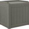 Suncast 22-Gallon Small Deck Box - Lightweight Resin Indoor/Outdoor Storage Container and Seat for Patio Cushions and Gardening Tools - Store Items on Garage, Yard - Stone Gray
