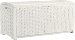 Suncast 99 Gallon Resin Wicker Patio Storage Box - Water Resistant Outdoor Storage Container for Toys, Furniture, Yard Tools - Store Items on Deck, Porch, Backyard - White