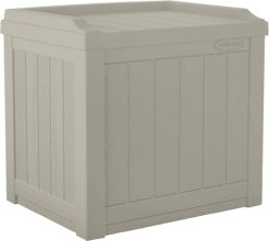 Suncast Small Deck Box-Lightweight Resin Indoor/Outdoor Storage Container and Seat Cushions and Gardening Tools Store Items on Patio, Garage, Yard, 22 Gallon, Light Taupe