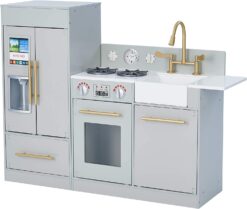 Teamson Kids Little Chef Chelsea Modern Play Kitchen Toddler Pretend 2 pcs Play Set with Accessories and Ice Maker Gray/Gold