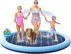 VISTOP Non-Slip Splash Pad for Kids and Dog, Thicken Sprinkler Pool Summer Outdoor Water Toys - Fun Backyard Fountain Play Mat for Baby Girls Boys Children or Pet Dog (77 inch, Blue&Blue)