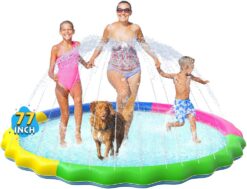 VISTOP Non-Slip Splash Pad for Kids and Dog, Thicken Sprinkler Pool Summer Outdoor Water Toys - Fun Backyard Fountain Play Mat for Baby Girls Boys Children or Pet Dog (87 inch, Red&Yellow&Green&Blue)