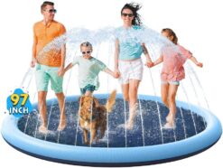 VISTOP Non-Slip Splash Pad for Kids and Dog, Thicken Sprinkler Pool Summer Outdoor Water Toys - Fun Backyard Fountain Play Mat for Baby Girls Boys Children or Pet Dog (97 inch, Blue&Blue)
