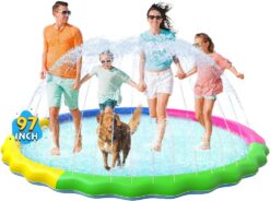 VISTOP Non-Slip Splash Pad for Kids and Dog, Thicken Sprinkler Pool Summer Outdoor Water Toys - Fun Backyard Fountain Play Mat for Baby Girls Boys Children or Pet Dog (97 inch, Red&Yellow&Green&Blue)