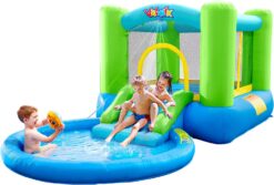 Valwix Inflatable Bounce House with Blower, Bouncy Castle w/Waterslide & Pool for Wet Dry Combo, Bouncer w/Repair Kits, Fun Bounce Area with Basketball Hoop