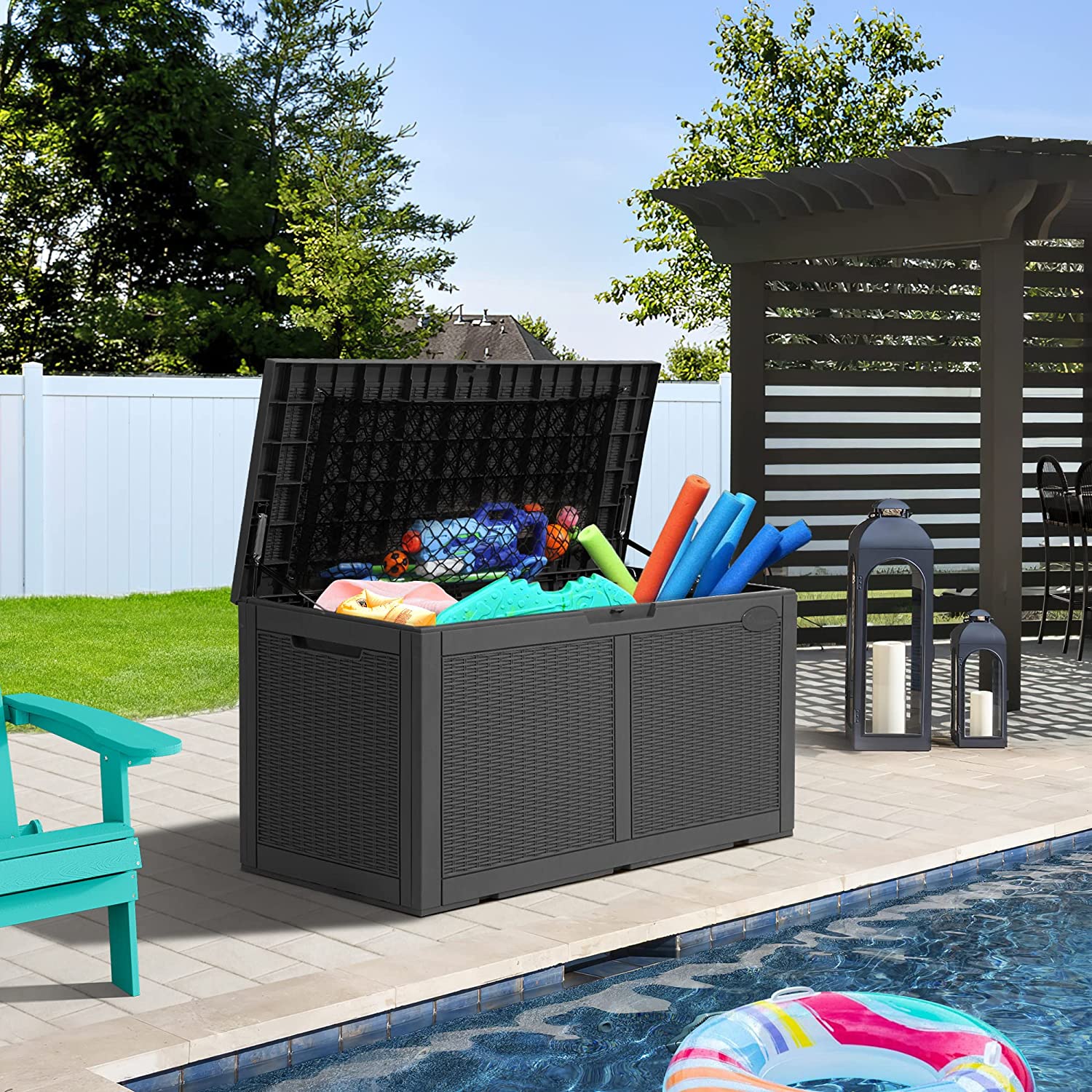  YITAHOME 100 Gallon Large Resin Deck Box Outdoor Storage with  Cushion for Patio Furniture, Outdoor Cushions, Garden Tools and Pool  Supplies-Waterproof,Lockable (Dark Grey) : Patio, Lawn & Garden