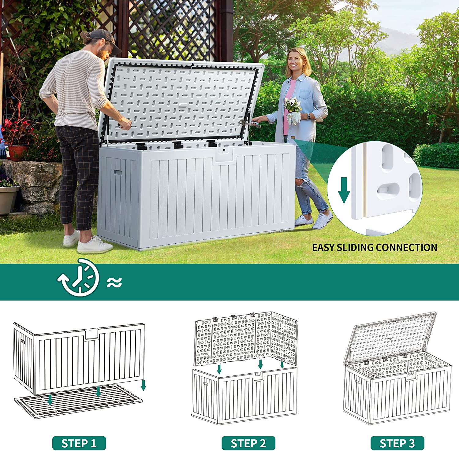 Outdoor Deck Box, 120 Gallon Patio Storage Box for Cushion , XXL Pool Storage Box for Pool Accessories, All-Weather Waterproof Storage Box Lockable