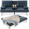 Best Choice Products Modern Faux Leather Convertible Futon Sofa w/ Removable Armrests, Metal Legs, 2 Cupholders - Blue
