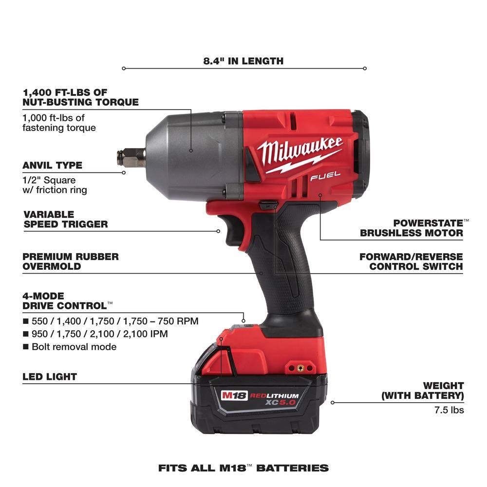 Milwaukee M18 FUEL Mid-Torque Impact Wrench with Friction Ring, Tool Only,  1/2in. Drive, 650 Ft./Lbs. Torque, Model# 2962-20