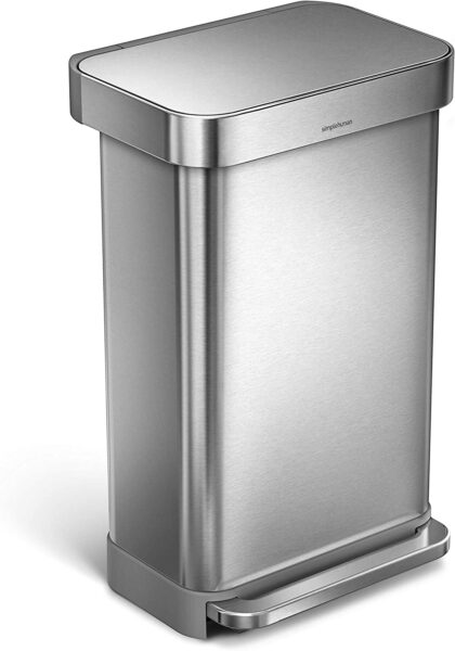 simplehuman 45 Liter / 12 Gallon Rectangular Hands-Free Kitchen Step Trash Can with Soft-Close Lid, Brushed Stainless Steel