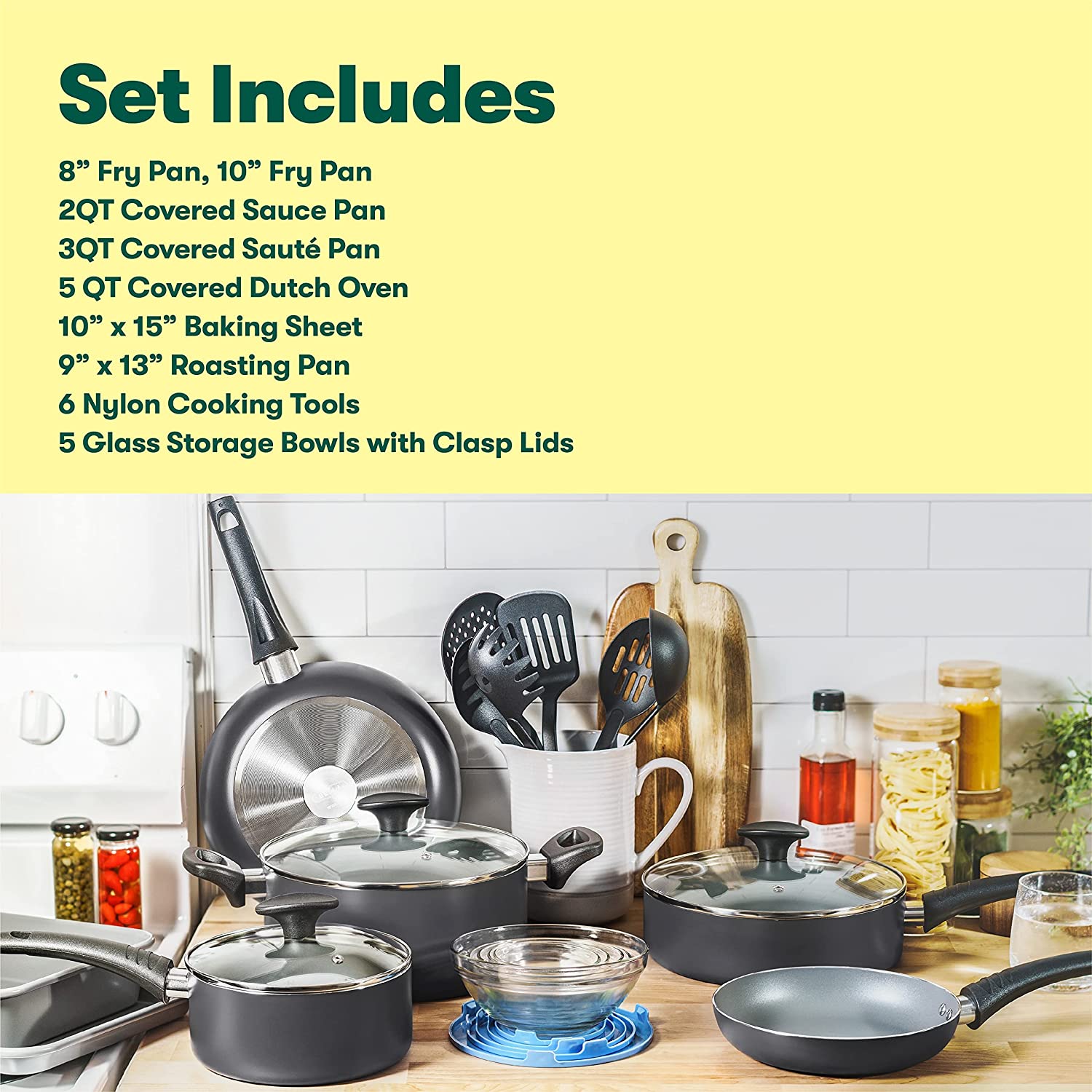  9 Pieces Yellow Non-stick Cookware Set with Glass Lid